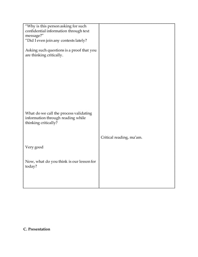 Detailed Lesson Plan (Reading and Writing) Techniques in Critical Reading