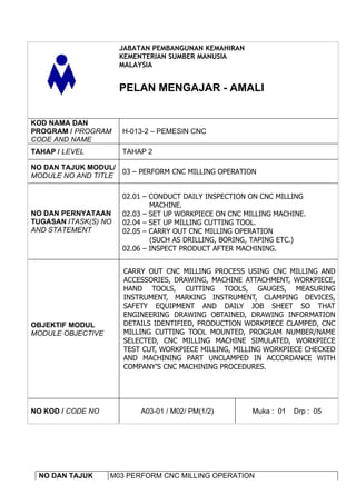 JABATAN PEMBANGUNAN KEMAHIRAN
                      KEMENTERIAN SUMBER MANUSIA
                      MALAYSIA


                      PELAN MENGAJAR - AMALI


KOD NAMA DAN
PROGRAM / PROGRAM     H-013-2 – PEMESIN CNC
CODE AND NAME
TAHAP / LEVEL         TAHAP 2

NO DAN TAJUK MODUL/
                    03 – PERFORM CNC MILLING OPERATION
MODULE NO AND TITLE

                      02.01 – CONDUCT DAILY INSPECTION ON CNC MILLING
                              MACHINE.
NO DAN PERNYATAAN     02.03 – SET UP WORKPIECE ON CNC MILLING MACHINE.
TUGASAN /TASK(S) NO   02.04 – SET UP MILLING CUTTING TOOL.
AND STATEMENT         02.05 – CARRY OUT CNC MILLING OPERATION
                              (SUCH AS DRILLING, BORING, TAPING ETC.)
                      02.06 – INSPECT PRODUCT AFTER MACHINING.


                      CARRY OUT CNC MILLING PROCESS USING CNC MILLING AND
                      ACCESSORIES, DRAWING, MACHINE ATTACHMENT, WORKPIECE,
                      HAND TOOLS, CUTTING TOOLS, GAUGES, MEASURING
                      INSTRUMENT, MARKING INSTRUMENT, CLAMPING DEVICES,
                      SAFETY EQUIPMENT AND DAILY JOB SHEET SO THAT
                      ENGINEERING DRAWING OBTAINED, DRAWING INFORMATION
OBJEKTIF MODUL        DETAILS IDENTIFIED, PRODUCTION WORKPIECE CLAMPED, CNC
MODULE OBJECTIVE      MILLING CUTTING TOOL MOUNTED, PROGRAM NUMBER/NAME
                      SELECTED, CNC MILLING MACHINE SIMULATED, WORKPIECE
                      TEST CUT, WORKPIECE MILLING, MILLING WORKPIECE CHECKED
                      AND MACHINING PART UNCLAMPED IN ACCORDANCE WITH
                      COMPANY’S CNC MACHINING PROCEDURES.




NO KOD / CODE NO           A03-01 / M02/ PM(1/2)        Muka : 01   Drp : 05




 NO DAN TAJUK      M03 PERFORM CNC MILLING OPERATION
 