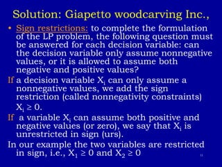 11
Solution: Giapetto woodcarving Inc.,
• Sign restrictions: to complete the formulation
of the LP problem, the following question must
be answered for each decision variable: can
the decision variable only assume nonnegative
values, or it is allowed to assume both
negative and positive values?
If a decision variable Xi can only assume a
nonnegative values, we add the sign
restriction (called nonnegativity constraints)
Xi  0.
If a variable Xi can assume both positive and
negative values (or zero), we say that Xi is
unrestricted in sign (urs).
In our example the two variables are restricted
in sign, i.e., X1  0 and X2  0
 