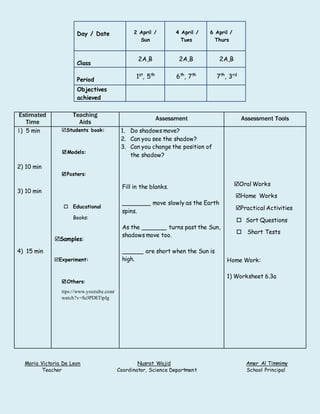 Day / Date 2 April /
Sun
4 April /
Tues
6 April /
Thurs
Class
2A,B 2A,B 2A,B
Period
1st
, 5th
6th
, 7th
7th
, 3rd
Objectives
achieved
Estimated
Time
Teaching
Aids
Assessment Assessment Tools
1) 5 min
2) 10 min
3) 10 min
4) 15 min
Students book:
Models:
Posters:
 Educational
Books:
Samples:
Experiment:
Others:
ttps://www.youtube.com/
watch?v=Sz3PDETipIg
1. Do shadows move?
2. Can you see the shadow?
3. Can you change the position of
the shadow?
Fill in the blanks.
________ move slowly as the Earth
spins.
As the _______ turns past the Sun,
shadows move too.
______ are short when the Sun is
high.
Oral Works
Home Works
Practical Activities
 Sort Questions
 Short Tests
Home Work:
1) Worksheet 6.3a
Maria Victoria De Leon Nusrat Wajid Amer Al Timmimy
Teacher Coordinator, Science Department School Principal
 