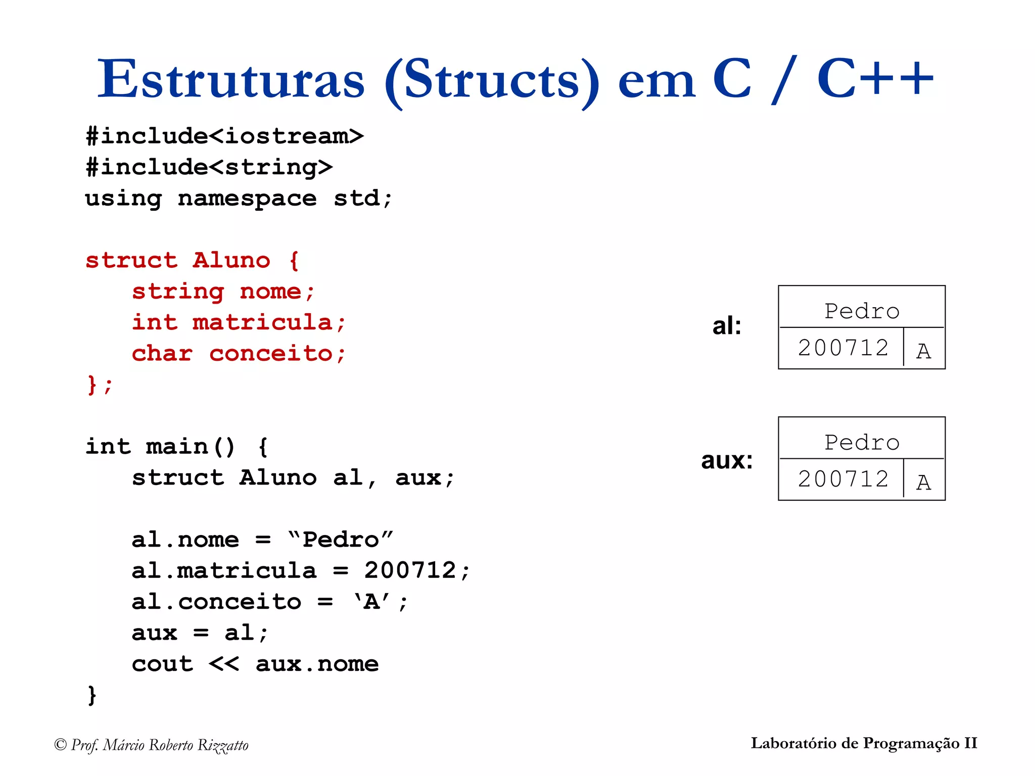 © Prof. Márcio Roberto Rizzatto Laboratório de Programação II
Estruturas (Structs) em C / C++
#include<iostream>
#include<string>
using namespace std;
struct Aluno {
string nome;
int matricula;
char conceito;
};
int main() {
struct Aluno al, aux;
al.nome = “Pedro”
al.matricula = 200712;
al.conceito = ‘A’;
aux = al;
cout << aux.nome
}
Pedro
200712 A
al:
Pedro
200712 A
aux:
 