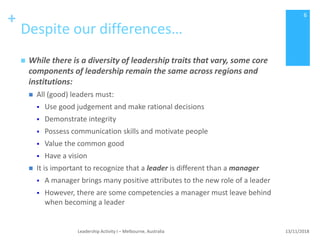 +
Despite our differences…
 While there is a diversity of leadership traits that vary, some core
components of leadership remain the same across regions and
institutions:
 All (good) leaders must:
 Use good judgement and make rational decisions
 Demonstrate integrity
 Possess communication skills and motivate people
 Value the common good
 Have a vision
 It is important to recognize that a leader is different than a manager
 A manager brings many positive attributes to the new role of a leader
 However, there are some competencies a manager must leave behind
when becoming a leader
13/11/2018Leadership Activity I – Melbourne, Australia
6
 