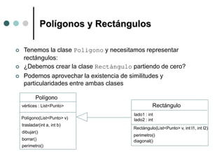 Polígonos y Rectángulos
 Tenemos la clase Poligono y necesitamos representar
rectángulos:
 ¿Debemos crear la clase Rectá...