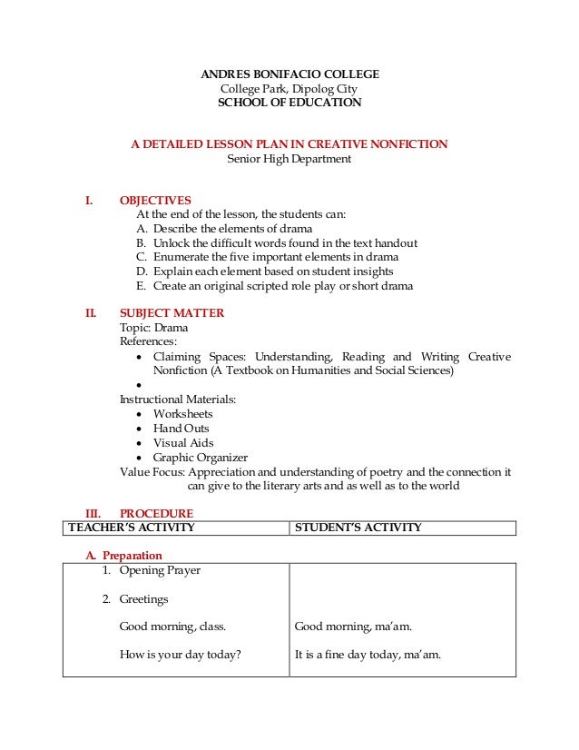 Detailed Lesson Plan Creative Nonfiction Drama