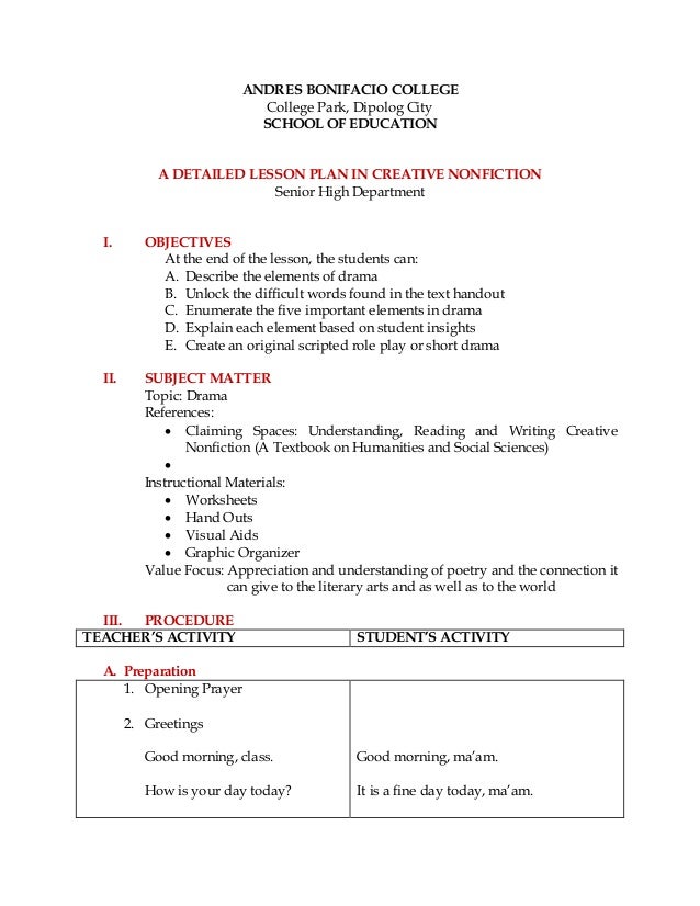 Detailed Lesson Plan (Creative Nonfiction) Drama creative plot diagram example 