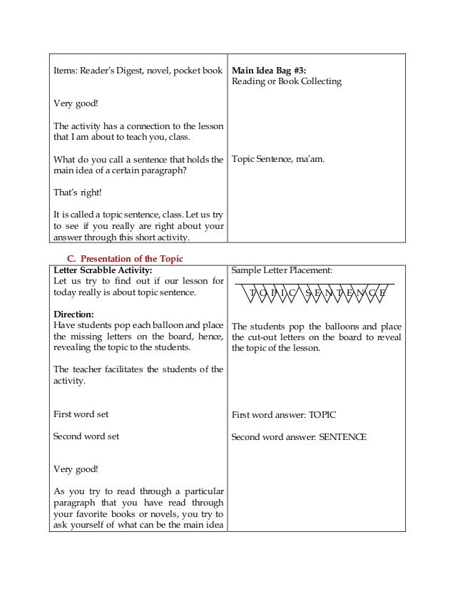 Detailed Lesson Plan (Reading and Writing) Topic Sentence
