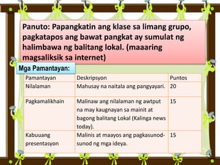 Panuto: Papangkatin ang klase sa limang grupo,
pagkatapos ang bawat pangkat ay sumulat ng
halimbawa ng balitang lokal. (maaaring
magsaliksik sa internet)
Pamantayan Deskripsyon Puntos
Nilalaman Mahusay na naitala ang pangyayari. 20
Pagkamalikhain Malinaw ang nilalaman ng awtput
na may kaugnayan sa mainit at
bagong balitang Lokal (Kalinga news
today).
15
Kabuuang
presentasyon
Malinis at maayos ang pagkasunod-
sunod ng mga ideya.
15
Mga Pamantayan:
 