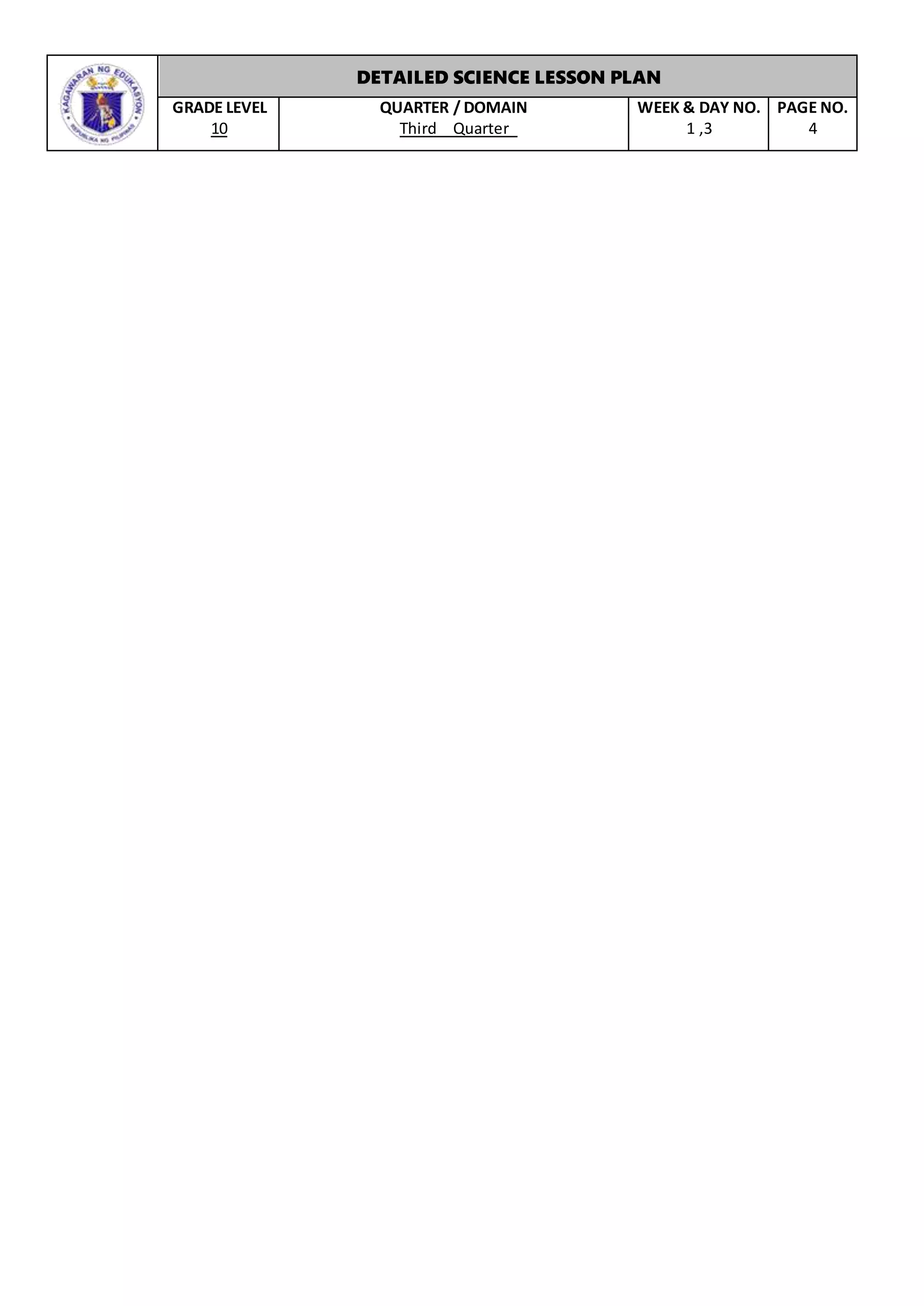 DETAILED SCIENCE LESSON PLAN
GRADE LEVEL
10
QUARTER / DOMAIN
Third Quarter
WEEK & DAY NO.
1 ,3
PAGE NO.
4
 