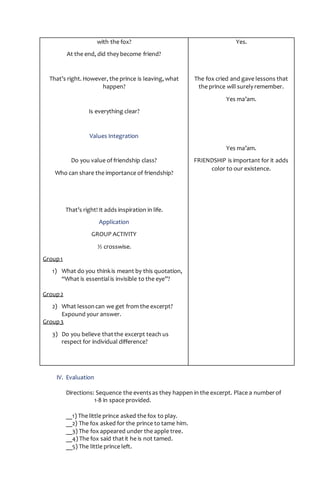 with the fox?
At the end, did they become friend?
That’s right. However, the prince is leaving, what
happen?
Is everything clear?
Values Integration
Do you value of friendship class?
Who can share the importance of friendship?
That’s right! It adds inspiration in life.
Application
GROUP ACTIVITY
½ crosswise.
Group1
1) What do you thinkis meant by this quotation,
“What is essentialis invisible to the eye”?
Group2
2) What lessoncan we get from the excerpt?
Expound your answer.
Group3
3) Do you believe thatthe excerpt teach us
respect for individual difference?
Yes.
The fox cried and gave lessons that
the prince will surely remember.
Yes ma’am.
Yes ma’am.
FRIENDSHIP is important for it adds
color to our existence.
IV. Evaluation
Directions: Sequence the eventsas they happen in the excerpt. Place a numberof
1-8 in space provided.
__1) The little prince asked the fox to play.
__2) The fox asked for the prince to tame him.
__3) The fox appeared under the apple tree.
__4) The fox said thatit he is not tamed.
__5) The little prince left.
 