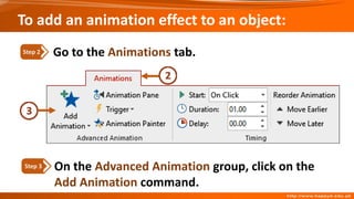 On the Advanced Animation group, click on the
Add Animation command.
Step 3
Go to the Animations tab.
Step 2
To add an animation effect to an object:
 