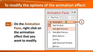 On the Animation
Pane, right click on
the animation
effect that you
want to modify.
Step 1
To modify the options of the animation effect:
 