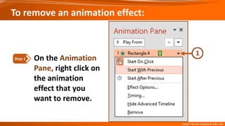On the Animation
Pane, right click on
the animation
effect that you
want to remove.
Step 1
To remove an animation effect:
 