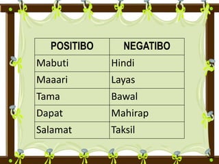 POSITIBO NEGATIBO
Mabuti Hindi
Maaari Layas
Tama Bawal
Dapat Mahirap
Salamat Taksil
 