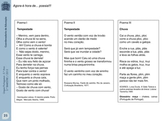 LínguaPortuguesa-5.°Ano
3.°BIMESTRE/2013
Poema I
Tempestade
– Menino, vem para dentro,
Olha a chuva lá na serra,
Olha como vem o vento!
– Ah! Como a chuva é bonita
E como o vento é valente!
– Não sejas doido, menino,
Esse vento te carrega,
Essa chuva te derrete!
– Eu não sou feito de açúcar
Para derreter na chuva.
Eu tenho força nas pernas
Para lutar contra o vento!
E enquanto o vento soprava
E enquanto a chuva caía,
Que nem um pinto molhado,
Teimoso como ele só:
– Gosto de chuva com vento,
Gosto de vento com chuva!
Henriqueta Lisboa. O menino poeta. Porto
Alegre: Mercado Aberto, 1998.
Agora é hora de... poesia!!!
Poema II
Tempestade
O vento ventão com voz de trovão
acende um clarão de medo
no meu coração.
Será que já vem tempestade?
Será que vai inundar a cidade?
Mas que bom! Caiu só uma chuva
fininha e o vento grosso se transformou
numa brisa pequenininha.
O vento ventinho com voz de sininho
faz um carinho no meu coração.
Roseana Murray. Fardo de carinho. Rio de Janeiro,
Civilização Brasileira, 1977.
Poema III
Chuva
Cai a chuva, ploc, ploc
corre a chuva ploc, ploc
como um cavalo a galope.
Enche a rua, plás, plás
esconde a lua, plás, plás
e leva as folhas atrás.
Risca os vidros, truz, truz
molha os gatos, truz, truz
e até apaga a luz.
Parte as flores, plim, plim
maça a gente plim, plim
parece não ter mais fim.
SOARES, Luísa Ducla. A Gata Tareca e
outros poemas levados da breca. Lisboa:
Teorema,1990
Glossário: maça - chateia, cansa
(Português de Portugal).
25
 