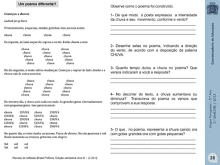 LínguaPortuguesa–5.°Ano
3.°BIMESTRE/2013
Revista de reflexão Brasil-Polônia, Edição semestral Ano III – 2/ 2012
Observe como o poema foi construído.
1- De que modo o poeta expressou a intensidade
da chuva e seu movimento, conforme o vento?
__________________________________________
__________________________________________
__________________________________________
2- Desenhe setas no poema, indicando a direção
do vento, de acordo com a disposição da palavra
CHUVA.
3- Quanto tempo durou a chuva no poema? Que
versos indicaram a você a resposta?
__________________________________________
__________________________________________
4- No decorrer do texto, a chuva aumentava ou
diminuía? Transcreva do poema os versos que
comprovam a sua resposta.
__________________________________________
__________________________________________
__________________________________________
5- O que , no poema, representa a chuva caindo ora
com gotas grandes ora com gotas pequenas?
__________________________________________
__________________________________________
__________________________________________
__________________________________________
Um poema diferente!!
28
 