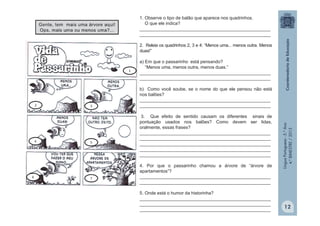 LínguaPortuguesa-5.°Ano
4.°BIMESTRE/2013
1. Observe o tipo de balão que aparece nos quadrinhos.
O que ele indica?
____________________________________________________
____________________________________________________
2. Releia os quadrinhos 2, 3 e 4: “Menos uma... menos outra. Menos
duas!”
a) Em que o passarinho está pensando?
“Menos uma, menos outra, menos duas.”
____________________________________________________
____________________________________________________
b) Como você soube, se o nome do que ele pensou não está
nos balões?
____________________________________________________
____________________________________________________
3. Que efeito de sentido causam os diferentes sinais de
pontuação usados nos balões? Como devem ser lidas,
oralmente, essas frases?
____________________________________________________
____________________________________________________
____________________________________________________
____________________________________________________
____________________________________________________
4. Por que o passarinho chamou a árvore de “árvore de
apartamentos”?
____________________________________________________
____________________________________________________
5. Onde está o humor da historinha?
____________________________________________________
____________________________________________________
____________________________________________________
1
2 3
4 5
6 7
12
 