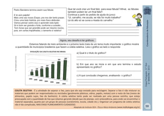 LínguaPortuguesa-5.°Ano
4.°BIMESTRE/2013
Agora, seu desafio é ler gráficos.
http://redeglobo.globo.com/g
Estamos falando de meio ambiente e o próximo texto trata de um tema muito importante: o gráfico mostra
a quantidade de municípios brasileiros que fazem a coleta seletiva. Leia o gráfico ao lado e responda:
a) Qual é o título do gráfico?
__________________________________________________
__________________________________________________
b) Em que ano se inicia e em que ano termina o estudo
apresentado no gráfico?
__________________________________________________
c) A que conclusão chegamos, analisando o gráfico?
__________________________________________________
__________________________________________________
__________________________________________________
Pedro Bandeira termina assim sua fábula:
E lá vem palpite!
Mais uma vez nosso Esopo, pra nos dar tanto prazer,
Criou uma bela história, pro mais fraco defender.
Vamos pensar sobre isso e aprender esta lição:
Só é bom ser grande e forte, conforme a ocasião...
Tem horas que ser grandão pode ser mesmo nocivo,
pois, em certas trapalhadas, o tamanho é relativo!
Que tal você criar um final feliz para essa fábula? Afinal, as fábulas
também podem ter um final feliz!!
Continue a partir do pedido de ajuda do junco:
“Ui, carvalho, me acuda, se não for muito trabalho!”
Lá do alto só se ouvia a risada do carvalho:”
_______________________________________________________
_______________________________________________________
_______________________________________________________
_______________________________________________________
_______________________________________________________
20
COLETA SELETIVA - É a atividade de separar o lixo, para que ele seja enviado para reciclagem. Separar o lixo é não misturar os
materiais que podem ser reaproveitados ou reciclados (geralmente plásticos, vidros, papéis, metais) com o resto do lixo (restos de
alimentos, papéis sujos, lixo do banheiro). A coleta seletiva tanto pode ser realizada por uma pessoa sozinha, que esteja
preocupada com a quantidade de lixo que estamos gerando (desde que ela planeje, com antecedência, para onde vai encaminhar o
material separado), quanto por um grupo de pessoas (condomínio, escola, cidade etc.). Organizar um programa de coleta seletiva
não é tão complicado, MAS EXIGE PLANEJAMENTO CUIDADOSO.
Adaptado de Instituto GEA – Ética e Meio Ambiente (www.institutogea.org.br)
 