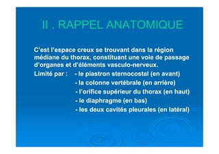 II . RAPPEL ANATOMIQUEII . RAPPEL ANATOMIQUE
C’est l’espace creux se trouvant dans la régionC’est l’espace creux se trouvant dans la région
médiane du thorax, constituant une voie de passagemédiane du thorax, constituant une voie de passage
d’organes et d’éléments vasculod’organes et d’éléments vasculo--nerveux.nerveux.
Limité par :Limité par : -- le plastron sternocostal (en avant)le plastron sternocostal (en avant)Limité par :Limité par : -- le plastron sternocostal (en avant)le plastron sternocostal (en avant)
-- la colonne vertébrale (en arrière)la colonne vertébrale (en arrière)
-- l’orifice supérieur du thorax (en haut)l’orifice supérieur du thorax (en haut)
-- le diaphragme (en bas)le diaphragme (en bas)
-- les deux cavités pleurales (en latéral)les deux cavités pleurales (en latéral)
 