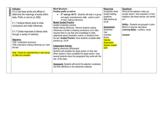 TUESDAY   Indicator:                                    Word Structure :                                            Resources:           Questions:
          5-3.2 Use base words and affixes to           Practice prefix un and en                                   Vocabulary sheet     What did the selection make you
          determine the meanings of words within             • 2nd read pp. 64-73. Students will read in a group    Guided reading       wonder about? How important is it that
          texts. Prefix un and en (p. 60Q)                        and apply comprehension skills: author’s point    questions            traditions, like these dances, are carried
                                                                  of view, making inferences.                       Skill practice pp.   on?
                                                        Model/ Guided Practice                                      33-34
          5.1.1 Analyze literary texts to draw
                                                        Guided vocabulary practice                                                       Ability – Students are grouped in pairs.
          conclusions and make inferences.                                                                          Assessment           Block 5-4 requires read aloud
                                                        Model making inferences. Remind students making
                                                        inferences is similar to drawing conclusions, but is also   Worksheet            Learning Styles – auditory, visual
          5-1.7 Create responses to literary texts                                                                  Test
                                                        requires them to use their prior knowledge to make
          through a variety of methods.                 statements about characters, events, or situations from     Checklist            Content-
                                                        the text. Guided Practice: Have students complete skills    Rubric
          Objective:                                    practice pp. 33-34                                          Teacher
          TSW Understand synonyms                                                                                   Observation
          TSW understand making inferences as I read    Independent Activity-                                       Student created
          the text.                                     Making inferences (Worksheet)                               work
                                                        Students will complete the Apply section on their own.
          Note: Check for understanding in each group   When student s have completed the Apply section, have
          by Q&A and checklist.                         several students share the paragraphs they wrote with the
                                                        rest of the class.

                                                        Homework- Students will record the selection vocabulary
                                                        and their definitions in the interactive notebook.
 