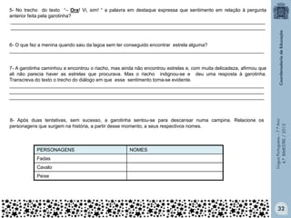 5- No trecho do texto “– Ora! Vi, sim! “ a palavra em destaque expressa que sentimento em relação à pergunta
anterior feita pela garotinha?
_______________________________________________________________________________________________
_______________________________________________________________________________________________

6- O que fez a menina quando saiu da lagoa sem ter conseguido encontrar estrela alguma?
_______________________________________________________________________________________________

8- Após duas tentativas, sem sucesso, a garotinha sentou-se para descansar numa campina. Relacione os
personagens que surgem na história, a partir desse momento, a seus respectivos nomes.

PERSONAGENS
Fadas
Cavalo

NOMES

Língua Portuguesa – 7.º Ano
4.º BIMESTRE / 2013

7- A garotinha caminhou e encontrou o riacho, mas ainda não encontrou estrelas e, com muita delicadeza, afirmou que
ali não parecia haver as estrelas que procurava. Mas o riacho indignou-se e deu uma resposta à garotinha.
Transcreva do texto o trecho do diálogo em que esse sentimento torna-se evidente.
_______________________________________________________________________________________________
_______________________________________________________________________________________________
_______________________________________________________________________________________________

Peixe

32

 