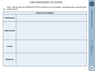 ORGANIZANDO AS IDEIAS...
do

Agora, volte ao texto AS ESTRELAS DO CÉU e retire de lá as informações necessárias para o preenchimento
quadro resumo.
ESTRUTURA DO ENREDO

INTRODUÇÃO

CLÍMAX

Língua Portuguesa – 7.º Ano
4.º BIMESTRE / 2013

COMPLICAÇÃO

DESFECHO

34

 