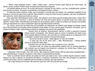 CONTINUA NA PRÓXIMA PÁGINA

Língua Portuguesa – 7.º Ano
4.º BIMESTRE / 2013

http://t1.gstatic.com/images

− Olhem, meus parentes urubus – dizia o chefe urubu – nenhum homem pode fingir-se de morto assim. Já
decidi: vamos comê-lo. Podem trazer as brasas para fazermos a fogueira.
Um grande alarido se ouviu. Os urubus aprovavam a decisão de seu chefe e, por isso, imediatamente, partiram
para buscar as brasas. Trouxeram e acenderam uma fogueira bonita e vistosa.
O chefe dos urubus ordenou, então, que trouxessem a comida para ser assada. Um verdadeiro batalhão foi até
a presa e a trouxe em seus bicos e garras. Eles acharam o corpo do herói um pouco pesado, mas isso consideraram
até muito bom, assim daria para todos os urubus.
Eles colocaram Nhanderequeí sobre o fogo, mas graças a uma resina que ele passara pelo corpo, o fogo não o
queimava. Num certo momento, o herói se levantou do meio das brasas dando um grande susto nos urubus que,
atônitos, voaram todos. Nhanderequeí aproveitou-se da surpresa e gritou a todos os amigos que estavam escondidos
para que atacassem os urubus e salvassem algumas daquelas brasas ardentes.
Os urubus, vendo que se tratava de uma armadilha, se esforçaram ao máximo para apagar as brasas, engolilas e não permitirem que aqueles seres tomassem posse delas. Foi uma correria geral. Acontece, no entanto, que na
pressa de salvar o fogo, quase todas as brasas se apagaram por terem sido pisoteadas.
Quando tudo se acalmou, Nhanderequeí chamou a todos e perguntou quantas
brasas haviam conseguido. Uns olhavam para os outros na tentativa de saber quem
havia salvado alguma brasinha, mas qual não foi a tristeza geral ao se depararem com
a realidade: ninguém havia salvado uma pedrinha sequer.
− Só temos carvão e cinzas – disse alguém no meio da multidão.
− E para que nos há de servir isso? – falou Nhanderequeí. – Nossa batalha
contra os urubus de nada valeu!
Acontece que, por trás de todos, saiu o pequeno cururu, dizendo:
− Durante a luta, os urubus se preocuparam apenas com os animais grandes e
não notaram que eu peguei uma brasinha e coloquei em minha boca. Espero que
ainda esteja acesa. Mas pode ser que...
− Depressa. Pare de falar, meu caro cururu. Não podemos perder tempo. Dê-me esta brasa imediatamente –
disse Nhanderequeí, tomando a brasa em suas mãos e a assoprando levemente.
Todos os animais ficaram atentos às ações do herói que tratava com muito cuidado aquele pequeno luzeiro.
Pegou-o na mão e colocou um pouquinho de palha e o assoprou novamente. Com isso, ele conseguiu um pequeno
riozinho de fumaça. Isso foi o bastante para incomodar os animais, que logo disseram:
− Se o fogo sempre faz fumaça, não será bom para nós. Nós não suportamos fumaça.

36

 