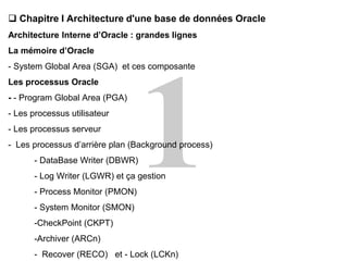  Chapitre I Architecture d'une base de données Oracle
Architecture Interne d’Oracle : grandes lignes
La mémoire d’Oracle
- System Global Area (SGA) et ces composante
Les processus Oracle
- - Program Global Area (PGA)
- Les processus utilisateur
- Les processus serveur
- Les processus d’arrière plan (Background process)
- DataBase Writer (DBWR)
- Log Writer (LGWR) et ça gestion
- Process Monitor (PMON)
- System Monitor (SMON)
-CheckPoint (CKPT)
-Archiver (ARCn)
- Recover (RECO) et - Lock (LCKn)
 