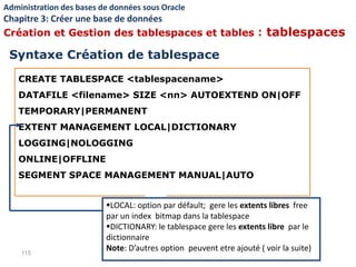 CREATE TABLESPACE <tablespacename>
DATAFILE <filename> SIZE <nn> AUTOEXTEND ON|OFF
TEMPORARY|PERMANENT
EXTENT MANAGEMENT LOCAL|DICTIONARY
LOGGING|NOLOGGING
ONLINE|OFFLINE
SEGMENT SPACE MANAGEMENT MANUAL|AUTO
115
LOCAL: option par défault; gere les extents libres free
par un index bitmap dans la tablespace
DICTIONARY: le tablespace gere les extents libre par le
dictionnaire
Note: D’autres option peuvent etre ajouté ( voir la suite)
Syntaxe Création de tablespace
Administration des bases de données sous Oracle
Chapitre 3: Créer une base de données
Création et Gestion des tablespaces et tables : tablespaces
 