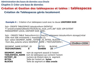 Exemple 4 : Création d'un tablespace Local avec la clause UNIFORM SIZE
Sql> CREATE TABLESPACE tslocaluniform DATAFILE
'F:oracleoradatadbtestsTSLOCALts_local_unif1.dbf' SIZE 10M EXTENT
MANAGEMENT LOCAL UNIFORM SIZE 200K;
Sql> CREATE TABLE Testuniform1(c1 char(4)) tablespace tslocaluniform storage(initial
100k next 50K minextents 1 maxextents 2);
Sql> select SEGMENT_NAME , EXTENT_ID, BYTES, BLOCKS
from dba_extents where SEGMENT_NAME ='TESTUNIFORM1';
SEGMENT_NAME EXTENT_ID BYTES BLOCKS
TESTUNIFORM1 0 204800 25
Administration des bases de données sous Oracle
Chapitre 3: Créer une base de données
Création et Gestion des tablespaces et tables : tablespaces
Création de Tablespaces gérés localement
SEGMENT_NAME nom de segment associé à l'extent
TABLESPACE_NAME nom de tablespace qui contient l'extent
EXTENT_ID numero de lExtent dans le segment
BYTES Taille de l'extent en bytes
BLOCKS Taille de segment en bloc oracle
25x8ko=200K
 