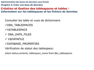 Consulter les table et vues de dictionnaire
DBA_TABLESPACES
V$TABLESPACE
 DBA_DATA_FILES
 V$DATAFILE
DATABASE_PROPERTIES
Vérification de statut des tablespace:
select status,contents, tablespace_name from dba_tablespaces
Administration des bases de données sous Oracle
Chapitre 3: Créer une base de données
Création et Gestion des tablespaces et tables :
Information sur les tablespaces et les fichiers de données
 