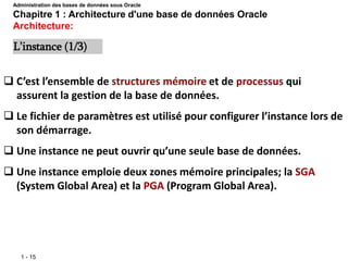 1 - 15
 C’est l’ensemble de structures mémoire et de processus qui
assurent la gestion de la base de données.
 Le fichier de paramètres est utilisé pour configurer l’instance lors de
son démarrage.
 Une instance ne peut ouvrir qu’une seule base de données.
 Une instance emploie deux zones mémoire principales; la SGA
(System Global Area) et la PGA (Program Global Area).
L’instance (1/3)
Administration des bases de données sous Oracle
Chapitre 1 : Architecture d'une base de données Oracle
Architecture:
 
