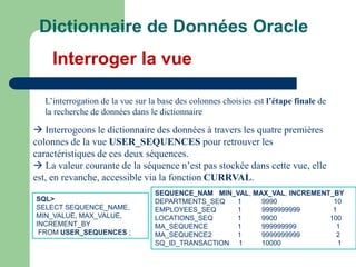 Dictionnaire de Données Oracle
Interroger la vue
L’interrogation de la vue sur la base des colonnes choisies est l’étape finale de
la recherche de données dans le dictionnaire
 Interrogeons le dictionnaire des données à travers les quatre premières
colonnes de la vue USER_SEQUENCES pour retrouver les
caractéristiques de ces deux séquences.
 La valeur courante de la séquence n’est pas stockée dans cette vue, elle
est, en revanche, accessible via la fonction CURRVAL.
SQL>
SELECT SEQUENCE_NAME,
MIN_VALUE, MAX_VALUE,
INCREMENT_BY
FROM USER_SEQUENCES ;
SEQUENCE_NAM MIN_VAL, MAX_VAL, INCREMENT_BY
DEPARTMENTS_SEQ 1 9990 10
EMPLOYEES_SEQ 1 9999999999 1
LOCATIONS_SEQ 1 9900 100
MA_SEQUENCE 1 999999999 1
MA_SEQUENCE2 1 9999999999 2
SQ_ID_TRANSACTION 1 10000 1
 