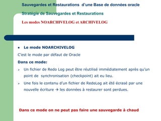  Le mode NOARCHIVELOG
C’est le mode par défaut de Oracle
Dans ce mode:
 Un fichier de Redo Log peut être réutilisé immédiatement après qu’un
point de synchronisation (checkpoint) ait eu lieu.
 Une fois le contenu d’un fichier de RedoLog ait été écrasé par une
nouvelle écriture  les données à restaurer sont perdues.
Dans ce mode on ne peut pas faire une sauvegarde à chaud
Sauvegardes et Restaurations d’une Base de données oracle
Stratégie de Sauvegardes et Restaurations
Les modes NOARCHIVELOG et ARCHIVELOG
 