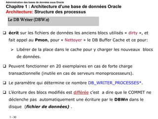 1 - 30
 écrit sur les fichiers de données les anciens blocs utilisés « dirty », et
fait appel au Pmon, pour « Nettoyer » le DB Buffer Cache et ce pour:
 Libérer de la place dans le cache pour y charger les nouveaux blocs
de données.
 Peuvent fonctionner en 20 exemplaires en cas de forte charge
transactionnelle (inutile en cas de serveurs monoprocesseurs).
 Le paramètre qui détermine ce nombre DB_WRITER_PROCESSES*.
 L’écriture des blocs modifiés est différée c’est a dire que le COMMIT ne
déclenche pas automatiquement une écriture par le DBWn dans le
disque (fichier de données) .
Le DB Writer (DBWn)
Administration des bases de données sous Oracle
Chapitre 1 : Architecture d'une base de données Oracle
Architecture: Structure des processus
 
