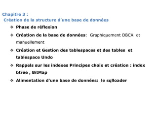 Chapitre 3 :
Création de la structure d’une base de données
 Phase de réflexion
 Création de la base de données: Graphiquement DBCA et
manuellement
 Création et Gestion des tablespaces et des tables et
tablespace Undo
 Rappels sur les indexes Principes choix et création : index
btree , BitMap
 Alimentation d'une base de données: le sqlloader
 