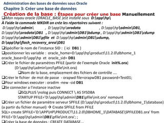Administration des bases de données sous Oracle
Chapitre 3: Créer une base de données
Création de la base : Étapes pour créer une base Manuellement
Spécifier le nom de l'instance SID : ( ici DB1 )
positionner les variable : oracle_home=D:apphpproduct11.2.0dbhome_1
oracle_base=D:apphp et oracle_sid= DB1
Créer le fichier de paramètres PFILE (partir de l'exemple Oracle init%.ora)
(D:apphpadminorclpfileinit.ora)
Nom de la base, emplacement des fichiers de contrôle ….
Créer le fichier de mot de passe - orapwd file=orapwDB1 password=Test01;
Pour windows executer : oradim -new -sid DB1
Se connecter a l'instance inactive
SQLPLUS nolog puis CONNECT  AS SYSDBA
STARTUP PFILE='D:apphpadminDB1pfileinit.ora' nomount
Créer un fichier de paramètre serveur SPFILE (D:apphpproduct11.2.0dbhome_1database)
(a partir du fichier manuel)  Create SPFILE from PFILE
SQL> create SPFILE='D:APPHPPRODUCT11.2.0DBHOME_1DATABASESPFILEDB1.ora' from
PFILE='D:apphpadminDB1pfileinit.ora'; ;
Mon noyau oracle (ORACLE_BASE )est installé sous D:apphp
À l’aide la commade MKDIR on crée les répertoires suivant :
D:apphpadmin , D:apphporadata , D:apphpadminDB1,
D:apphporadataDB1 , D:apphpadminDB1bdump , D:apphpadminDB1cdump
D:apphpadminDB1pfile et D:apphpadminDB1udump,
D:apphpflash_recovery_areaDB1
 