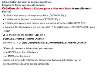 création des vues et synonymes publics (CATALOG.SQL)
• Installation de l'option procédurale(CATPROC.SQL)
• création des synonymes publics pour les tables virtuelles (UTLMONTR.SQL)
• Création des Synonymes sur les vues dba_* du dictionnaire (CATDBSYN.SQL) pour
le DBA
 Le chemin de ces scriptes .sql est :
{ORACLE_HOME}RDBMSADMIN
Sur Mon PC : D:apphpproduct11.2.0dbhome_1RDBMSADMIN
Créer de nouveaux tablespace, par exemple :
- Un USERS pour les utilisateurs
- un INDX pour les index
Lancer les scripts de création du dictionnaire (catalog.sql,catproc.sql) et
éventuellement d'autres scripts optionnels
Administration des bases de données sous Oracle
Chapitre 3: Créer une base de données
Création de la base : Étapes pour créer une base Manuellement
(suite)
 
