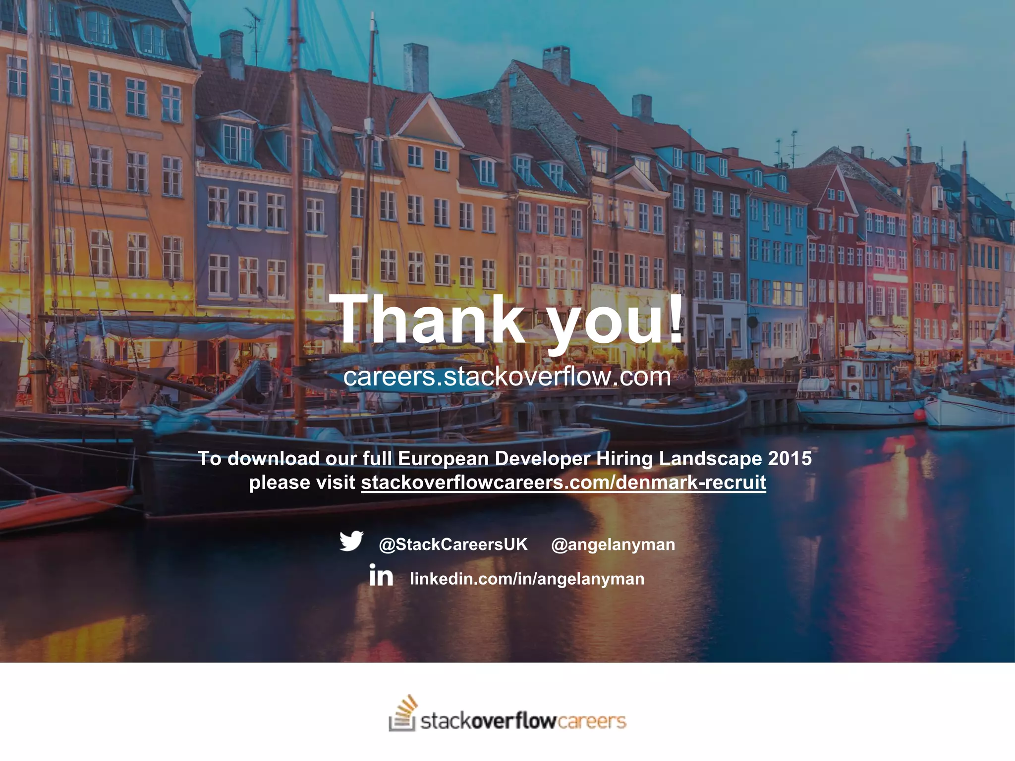 Thank you!
careers.stackoverflow.com
@StackCareersUK @angelanyman
linkedin.com/in/angelanyman
To download our full European Developer Hiring Landscape 2015
please visit stackoverflowcareers.com/denmark-recruit
 