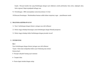 Gejala : Riwayat kondisi lain yang berhubungan dengan nyeri abdomen contoh pielitisakut, batu eretra, salpingitis akut,
ileitis regional. Dapat terjadipada berbagai usia.
9) Pertimbangan : DRG menunjukkan rerata lama dirawat: 4,2 hari
10) Rencana Pemulangan : Membutuhkan bantuan sedikit dalam trasportasi, tugas pemeliharaan rumah.
2. DIAGNOSA KEPERAWATAN
1) Nyeri berhubungan dengan distensi jaringan usus oleh inflamasi
2) Risiko tinggi terhadap kekurangan cairan berhubungan dengan Muntah praoperasi.
3) Risiko tinggi terhadap infeksi berhubungan dengan prosedur invasif
3. INTERVENSI
Dx I
Nyeri berhubungan dengan distensi jaringan usus oleh inflamasi
Tujuan : Klien akan melaporkan bahwa nyeri berkurang atau teratasi
Kriteria hasil :
• Persepsi subyektif tentang nyeri menurun
• Tampak rileks
• Pasien dapat istirahat dengan cukup
 