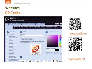 QR Codes
www.qrvoice.net
www.qrstuff.com
Websites
http://titanpad.com/RSCYH1704
 
