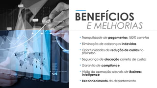  Tranquilidade de pagamentos 100% corretos
 Eliminação de cobranças indevidas
 Oportunidades de redução de custos no
processo
 Segurança de alocação correta de custos
 Garantia de compliance
 Visão da operação através de Business
Intelligence
 Reconhecimento do departamento
BENEFÍCIOS
E MELHORIAS
 