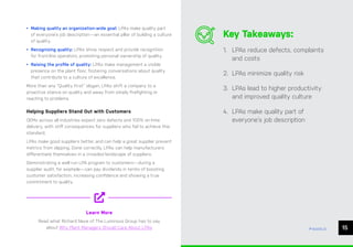 CHAPTER #: Chapter Title
ease.io 15
• Making quality an organization-wide goal: LPAs make quality part
of everyone’s job description—an essential pillar of building a culture
of quality.
• Recognizing quality: LPAs show respect and provide recognition
for front-line operators, promoting personal ownership of quality.
• Raising the profile of quality: LPAs make management a visible
presence on the plant floor, fostering conversations about quality
that contribute to a culture of excellence.
More than any “Quality First” slogan, LPAs shift a company to a
proactive stance on quality and away from simply firefighting or
reacting to problems.
Helping Suppliers Stand Out with Customers
OEMs across all industries expect zero defects and 100% on-time
delivery, with stiff consequences for suppliers who fail to achieve this
standard.
LPAs make good suppliers better, and can help a great supplier prevent
metrics from slipping. Done correctly, LPAs can help manufacturers
differentiate themselves in a crowded landscape of suppliers.
Demonstrating a well-run LPA program to customers—during a
supplier audit, for example—can pay dividends in terms of boosting
customer satisfaction, increasing confidence and showing a true
commitment to quality.
Key Takeaways:
1. LPAs reduce defects, complaints
and costs
2. LPAs minimize quality risk
3. LPAs lead to higher productivity
and improved quality culture
4. LPAs make quality part of
everyone’s job description
Learn More
Read what Richard Nave of The Luminous Group has to say
about Why Plant Managers Should Care About LPAs
 
