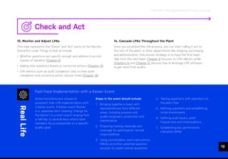 ease.io
CHAPTER 3: LPA Implementation Process Overview
19
Check and Act
13. Monitor and Adjust LPAs
This step represents the “Check” and “Act” parts of the Plan-Do-
Check-Act cycle. Things to look at include:
• Whether questions are specific enough and address true root
causes of variation (Chapter 8)
• Adding new questions based on corrective actions (Chapter 12)
• LPA metrics such as audit completion rate, on-time audit
completion and corrective action closure times (Chapter 16)
14. Cascade LPAs Throughout the Plant
Once you’ve piloted the LPA process, you can start rolling it out to
the rest of the plant, or other departments like shipping, purchasing
and administration. One proven strategy is to have the first team
help train the next team. Chapter 9 focuses on LPA rollouts, while
Chapters 14 and Chapter 15 discuss how to leverage LPA software
to get more from audits.
Fast-Track Implementation with a Kaizen Event
Some manufacturers choose to
jumpstart their LPA implementation with
a Kaizen event. A Kaizen event (Kaizen
is a Japanese term meaning ‘change for
the better’) is a short event ranging from
a half-day to several days where team
members focus exclusively on a specific
quality goal.
Steps in the event should include:
1. Bringing together a team with
representatives from different
areas, including process and
quality engineers, production and
maintenance
2. Preparing training materials and
coverage for participants’ normal
responsibilities
3. Using control plans, work instructions,
FMEAs and other potential question
sources to create starter questions
4. Testing questions with operators on
the plant floor
5. Refining questions and establishing
initial checksheets
6. Defining audit layers, audit
frequencies and initial auditors
7. Establishing key performance
indicators (KPIs)
Real
Life
 