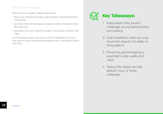 28 ease.io
CHAPTER 5: Top LPA Challenges
Key Takeaways:
1. Paper-based LPAs present
challenges around administration
and tracking
2. Audit completion rates are a top
issue that impacts the ability to
find problems
3. Preventing pencil-whipping is
essential to data quality and
value
4. Taking LPAs digital can help
address many of these
challenges
Other common struggles include problems like:
• Resources required to manage a paper-based or spreadsheet-based
LPA program
• Questions that are low-value and related to minor compliance items
like paperwork
• Checklists that aren’t specific enough to the process to deliver real
value
In the following chapters, we discuss these challenges and discuss
how manufacturers can effectively address them to get better results
with LPAs.
 