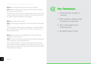 42 ease.io
CHAPTER 8: Before-and-After Examples of LPA Questions
Key Takeaways:
1. Avoid terms like “properly” or
“correctly”
2. Make questions simple enough
for anyone to understand
3. Don’t check paperwork or
finished product
4. Be specific about criteria
Before: Does the operator use the correct torque setting?
After: Does the setting on the torque gun match what’s specified in
the current work instruction?
The first version of this question uses the vague “correct” term, which
is often a source of confusion for auditors. The second version gives
the auditor a specific standard to verify against.
Before: Are quality alerts posted?
After: Can the operator describe how their work relates to the quality
alert?
The first question verifies a piece of paperwork. The second question
gets to the heart of the matter, which is whether quality alerts are
being used effectively.
Before: Does the sheet on the clipboard show that the filter was
changed in the last 12 hours?
After: Is the top of the filter box attached to the clipboard and signed
with the operator’s initials, date and time?
Here’s another example of verifying a check sheet versus verifying
that a specific task was completed. In the before version, you’re only
looking at a piece of paper. The after version verifies physical evidence
that the filter was changed.
 