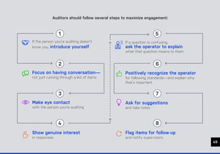 CHAPTER #: Chapter Title
ease.io 49
Auditors should follow several steps to maximize engagement:
If the person you’re auditing doesn’t
know you, introduce yourself
If a question is confusing,
ask the operator to explain
what that question means to them
Focus on having conversation—
not just running through a list of items
Positively recognize the operator
for following standards—and explain why
that’s important
Make eye contact
with the person you’re auditing
Ask for suggestions
and take notes
Show genuine interest
in responses
Flag items for follow-up
and notify supervisors
1 5
2 6
3 7
4 8
 
