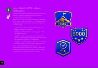 CHAPTER #: Chapter Title
70
How to Gamify LPAs to Boost
Participation
Gamification makes work more engaging by incorporating
elements of games, leveraging proven principles of
motivation to boost performance.
Manufacturers that use a mobile LPA platform can gamify
audits to boost audit participation—a key challenge with
these high-frequency audits. Gamification strategies to
consider include:
• Having different teams compete against each other
• Awarding badges for consistency
• Challenging individuals to beat company goals and/or
industry benchmarks
• Updating line-side visual management systems with
rankings, resetting them periodically so the same people
aren’t always at the top of the leaderboard
• Creating a recognition program, whether it’s a gift card,
company swag or just giving kudos in team meetings
As an example, the EASE platform lets users earn
achievement badges based on the number of audits the
employee completes. Monitoring audit duration is key to
ensure people aren’t just pencil-whipping audits.
Tip
 