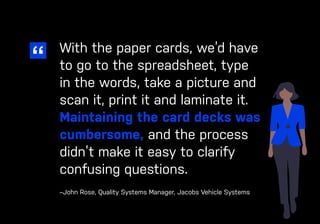 72 ease.io
With the paper cards, we’d have
to go to the spreadsheet, type
in the words, take a picture and
scan it, print it and laminate it.
Maintaining the card decks was
cumbersome, and the process
didn’t make it easy to clarify
confusing questions.
–
John Rose, Quality Systems Manager, Jacobs Vehicle Systems
 