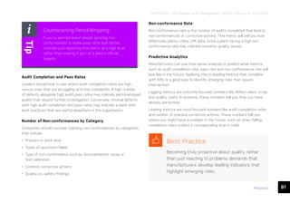 81
ease.io
CHAPTER 16: LPA Dashboards for Management: Getting a Return on Your Effort
Audit Completion and Pass Rates
Leaders should look to see where audit completion rates are high
versus ones that are struggling with low completion. A high number
of defects alongside high audit pass rates may indicate pencil-whipped
audits that require further investigation. Conversely, minimal defects
with high audit completion and pass rates may indicate a plant with
best practices that are useful elsewhere in the organization.
Number of Non-conformances by Category
Companies should consider tracking non-conformances by categories
that include:
• Process or work area
• Types of questions failed
• Type of non-conformance such as documentation, scrap or
tool calibration
• Common corrective actions
• Quality vs. safety findings
Non-conformance Rate
Non-conformance rate is the number of audits completed that lead to
non-conformances or corrective actions. This metric will tell you how
effectively plants utilize LPA data, since a plant having a high non-
conformance rate may indicate systemic quality issues.
Predictive Analytics
Manufacturers can use time-series analysis to predict what metrics
such as audit completion rate, pass rate and non-conformance rate will
look like in the future. Applying this to leading metrics that correlate
with KPIs is a good way to identify emerging risks that require
intervention.
Lagging metrics are outcome-focused numbers like defect rates, scrap
and quality costs. In essence, these numbers tell you how you have
already performed.
Leading metrics are input-focused numbers like audit completion rates
and number of overdue corrective actions. These numbers tell you
where you might have a problem in the future, such as when falling
completion rates predict a corresponding drop in yield.
Counteracting Pencil-Whipping
If you’re worried about people ignoring non-
conformances to make pass rates look better,
consider just reporting this metric at a high level
rather than making it part of a plant’s official
targets.
Tip
Best Practice
Becoming truly proactive about quality rather
than just reacting to problems demands that
manufacturers develop leading indicators that
highlight emerging risks.
 