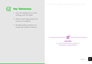 83
ease.io
CHAPTER 16: LPA Dashboards for Management: Getting a Return on Your Effort
Learn More
For more information, read our blog post on
Quick Guide to Leading Indicators
Key Takeaways:
1. Use LPA dashboards to track
findings and LPA health
2. Pareto charts help assess top
sources of problems
3. Develop leading indicators to
proactively identify problems
 